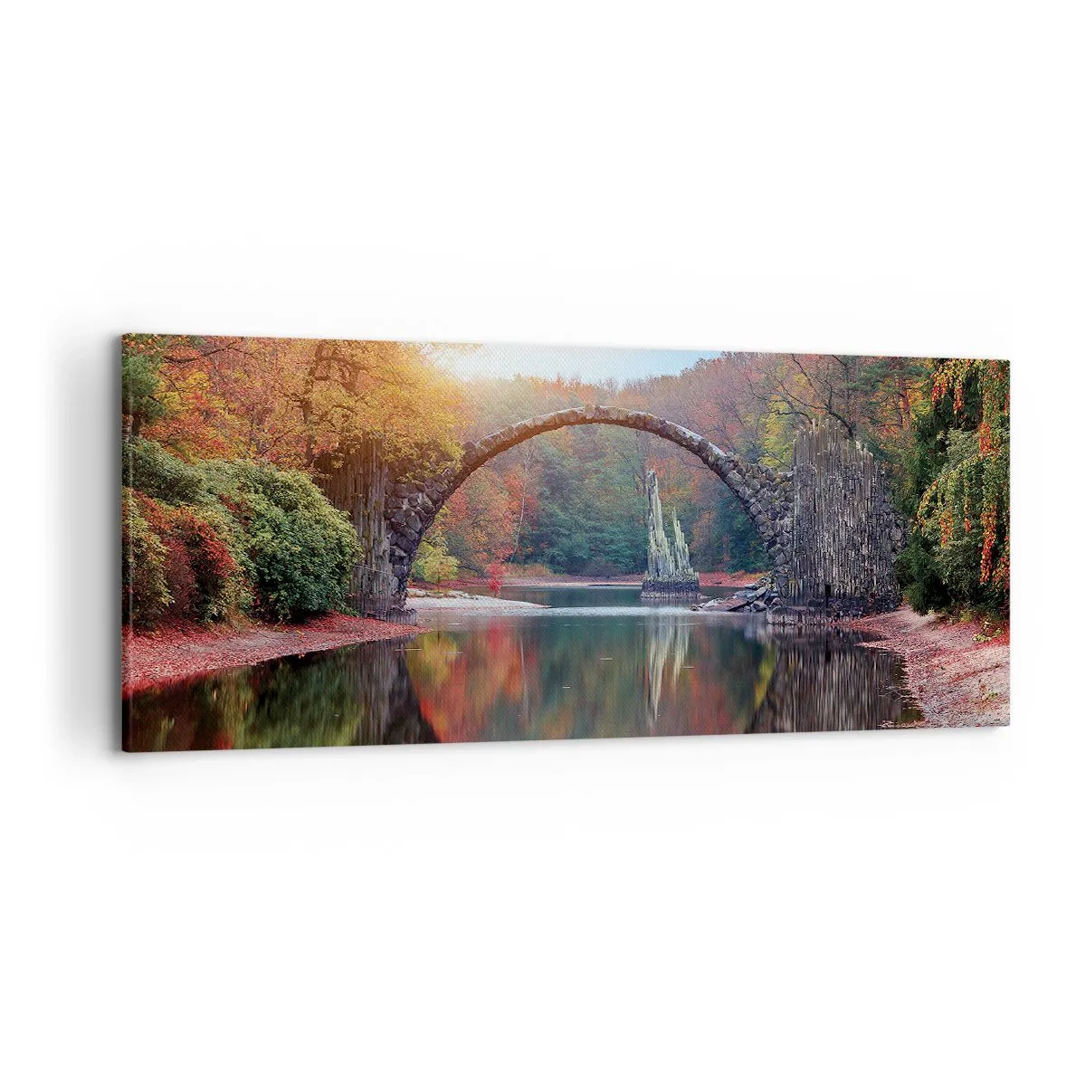 Bild auf Leinwand - Leinwandbild - Eine Steinbrücke in einer Herbstlandschaft über ruhigem Wasser - 120x50cm - Auf der anderen Seite des Spiegels - Moderne Wanddekoration für Wohnzimmer und Schlafzimmer ARTTOR