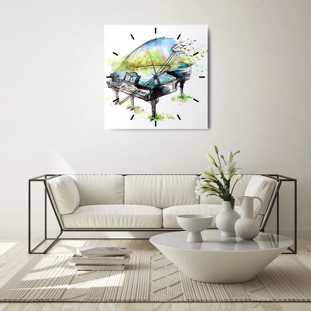 Wanduhr - Glasuhr - Künstlerische Aquarellmalerei eines Klaviers mit der Natur im Hintergrund - 30x30cm - Von Musik verzaubert - Moderne Wanddekoration für Wohnzimmer und Schlafzimmer ARTTOR