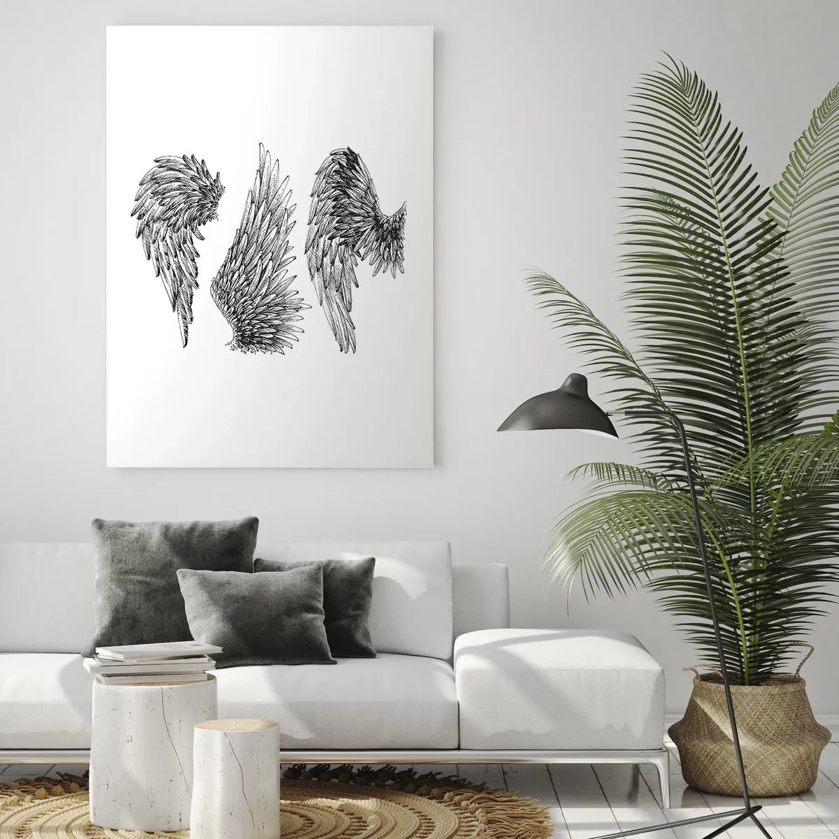 Glasbild - Bild auf glas - Engelsflügel in künstlerischer Schwarz-Weiß-Grafik - 50x70cm - Und du kannst ein Engel werden - Moderne Wanddekoration für Wohnzimmer und Schlafzimmer ARTTOR