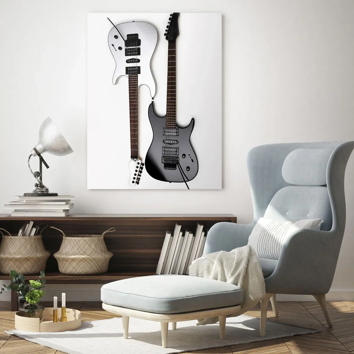 Glasbild - Bild auf glas - Zwei E-Gitarren in Schwarz und Weiß auf hellem Hintergrund. - 80x120cm - Harmonie der Formen - Moderne Wanddekoration für Wohnzimmer und Schlafzimmer ARTTOR