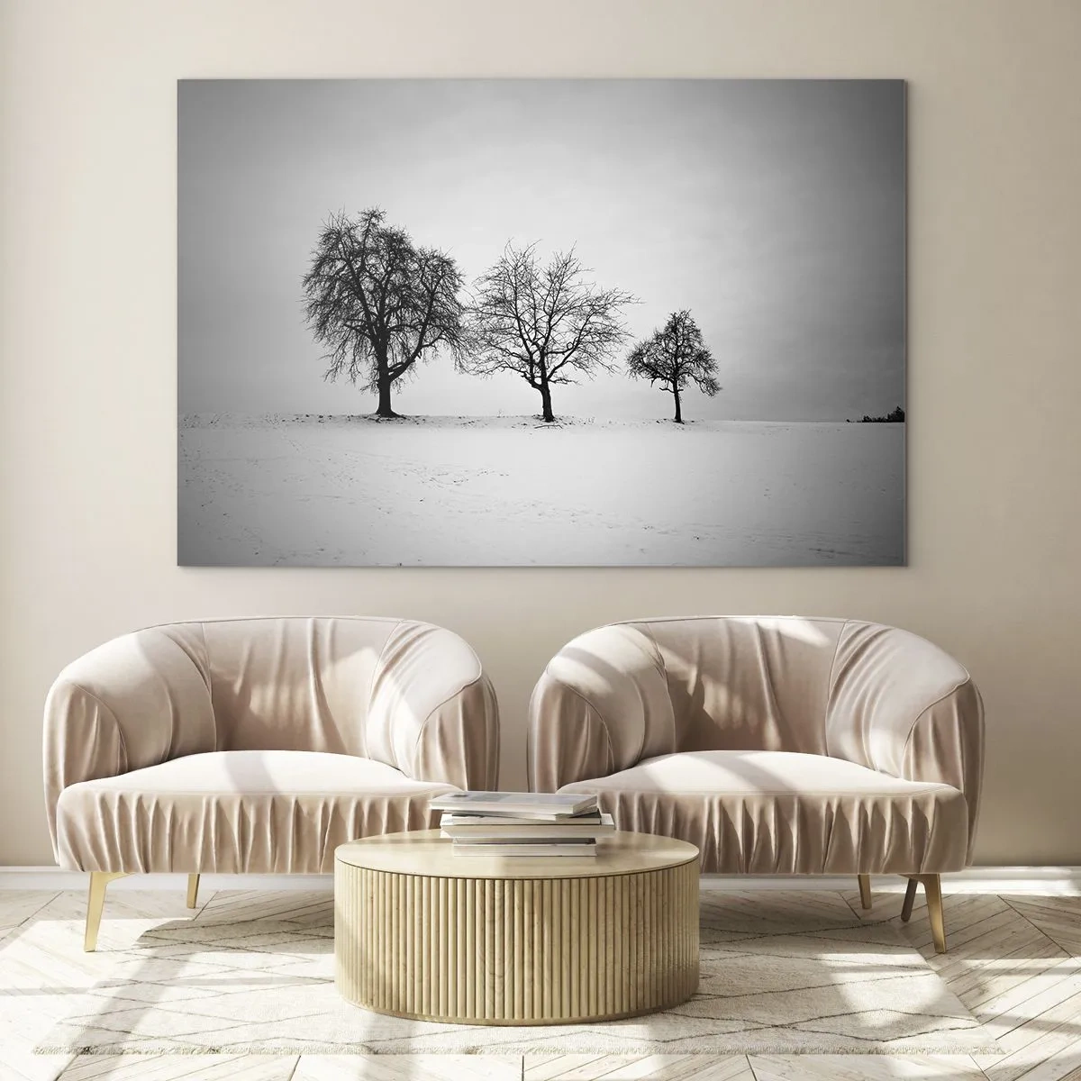 Glasbild - Bild auf glas - Drei einsame Bäume in einer schneebedeckten Gegend - 70x50cm - Wovon träumen sie? - Moderne Wanddekoration für Wohnzimmer und Schlafzimmer ARTTOR