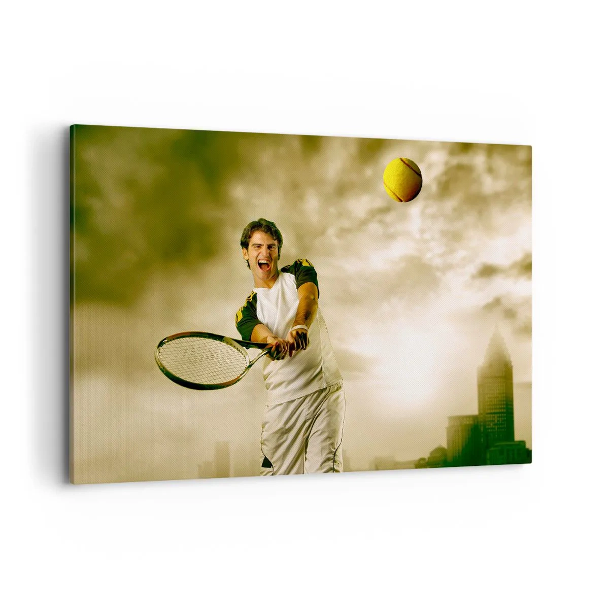 Bild auf Leinwand - Leinwandbild - Tennisspieler in Aktion während eines Spiels vor dem Hintergrund einer urbanen Landschaft - 120x80cm - Energie und Freude - Moderne Wanddekoration für Wohnzimmer und Schlafzimmer ARTTOR