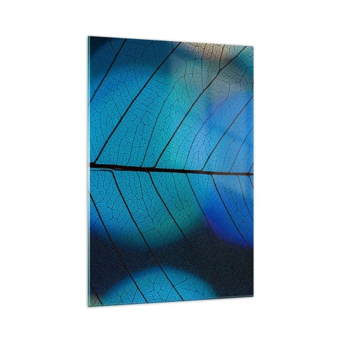 Glasbild - Bild auf glas - Nahaufnahme eines blauen Blattes mit sichtbaren Blattadern - 70x100cm - Komplizierte Konstruktion - Moderne Wanddekoration für Wohnzimmer und Schlafzimmer ARTTOR