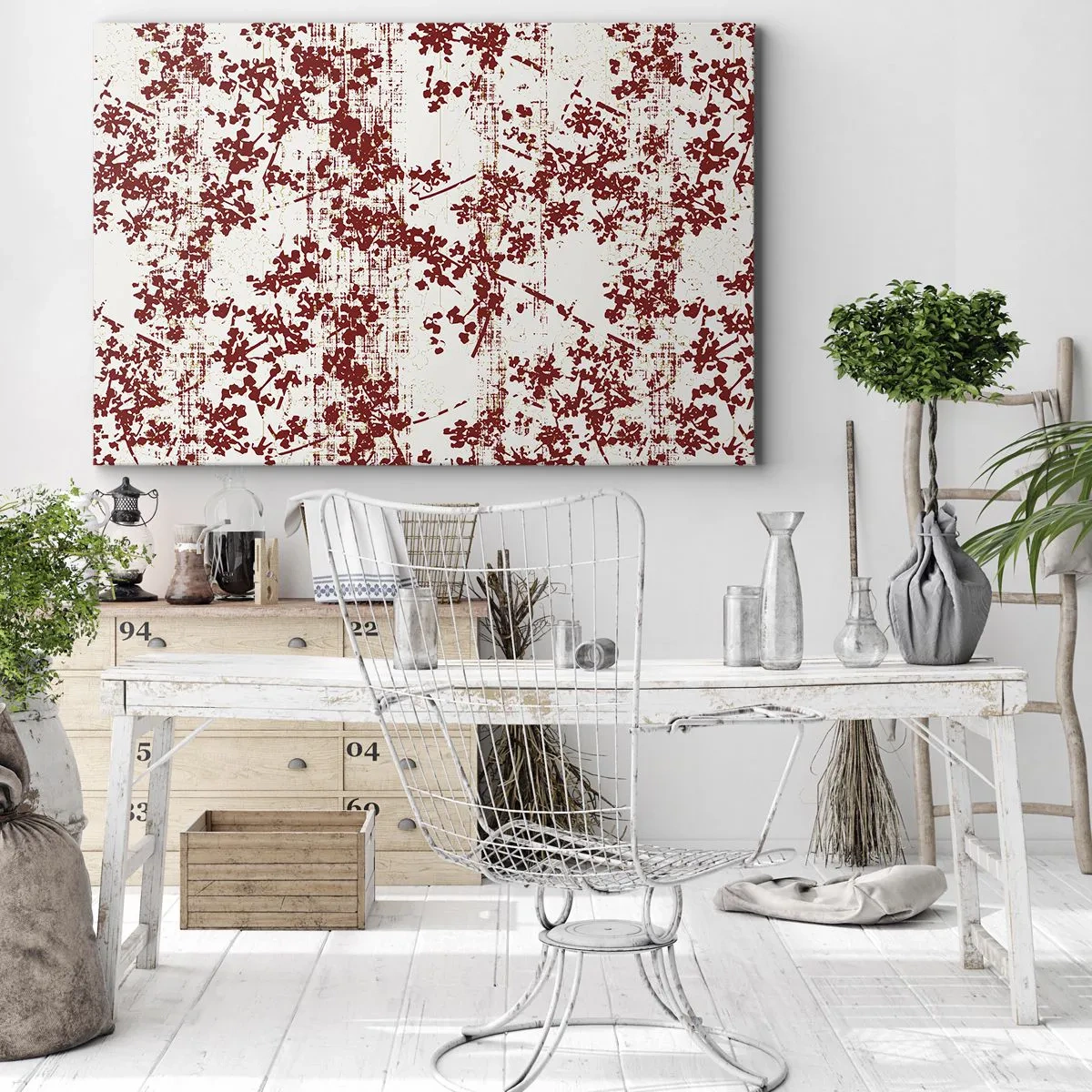 Bild auf Leinwand - Leinwandbild - Rote Blumen auf weißem Hintergrund im künstlerischen Stil - 70x50cm - Wie alter Perkal - Moderne Wanddekoration für Wohnzimmer und Schlafzimmer ARTTOR