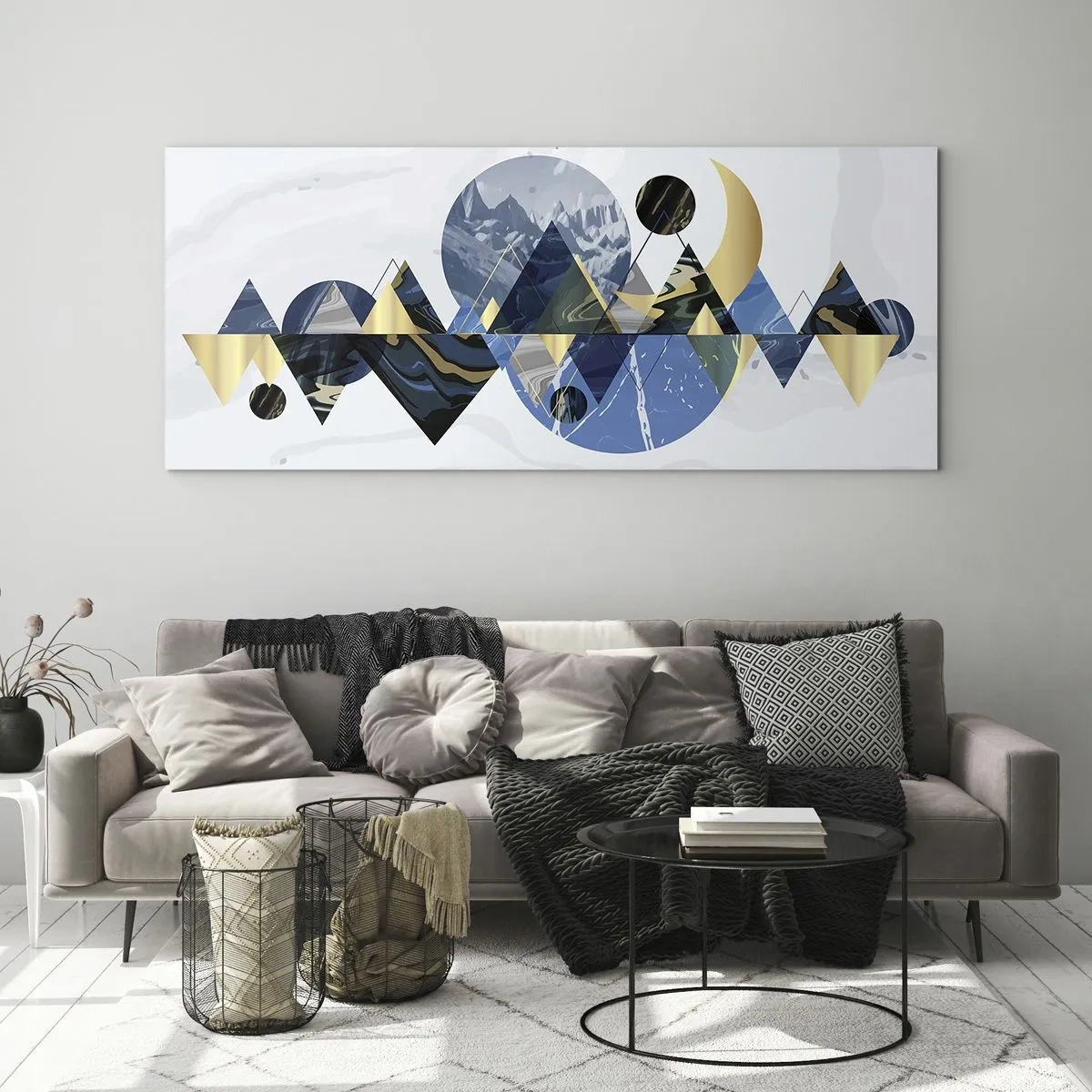 Glasbild - Bild auf glas - Abstrakte geometrische Muster mit Bergmotiven - 140x50cm - Geometrische Landschaft - Moderne Wanddekoration für Wohnzimmer und Schlafzimmer ARTTOR