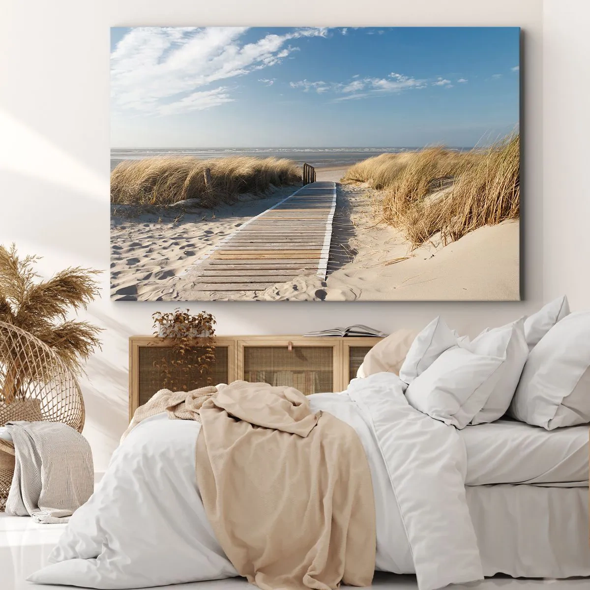 Bild auf Leinwand - Leinwandbild - Ein Holzweg führt durch die Dünen zum ruhigen Meer - 70x50cm - Hinter der Düne, im Rauschen des Grases - Moderne Wanddekoration für Wohnzimmer und Schlafzimmer ARTTOR