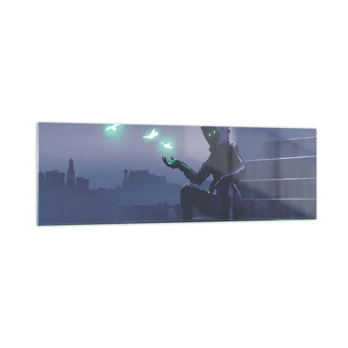 Glasbild - Bild auf glas - Eine vermummte Figur mit magischen Vögeln im Hintergrund einer Stadt - 160x50cm - Das Leben wird zurückkommen - Moderne Wanddekoration für Wohnzimmer und Schlafzimmer ARTTOR