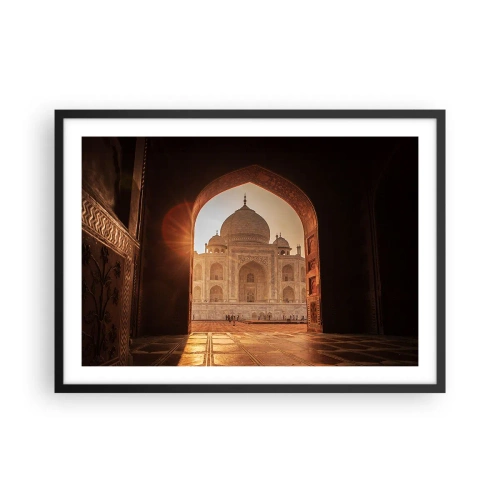Poster in einem schwarzem Rahmen - Taj Mahal im Sonnenlicht vom Torbogen aus gesehen - 70x50cm - Denkmal der überirdischen Liebe - Moderne Wanddekoration für Wohnzimmer und Schlafzimmer ARTTOR