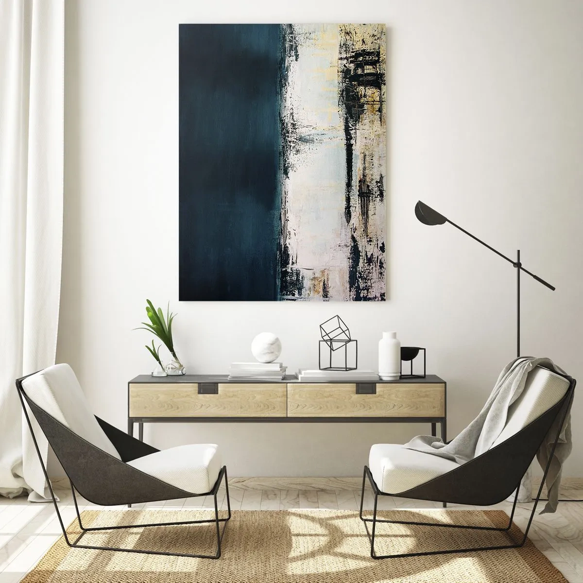 Glasbild - Bild auf glas - Abstrakte horizontale Komposition in Marineblau- und Weißtönen - 80x120cm - Horizontale Komposition - Moderne Wanddekoration für Wohnzimmer und Schlafzimmer ARTTOR