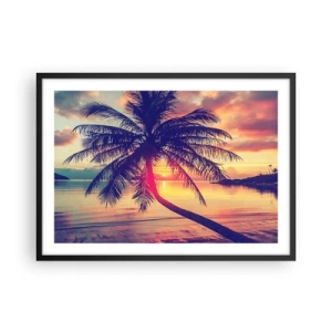 Poster in einem schwarzem Rahmen - Sonnenuntergang mit einer Palme über einem ruhigen Ufer - 70x50cm - Abend unter Palmen - Moderne Wanddekoration für Wohnzimmer und Schlafzimmer ARTTOR