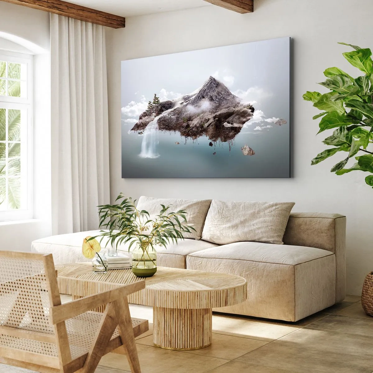 Bild auf Leinwand - Leinwandbild - Ein surrealer Berg, der in den Wolken schwebt, mit einem Wasserfall - 70x50cm - Mit dem Auge eines Surrealisten - Moderne Wanddekoration für Wohnzimmer und Schlafzimmer ARTTOR