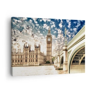 Bild auf Leinwand - Leinwandbild - Big Ben und Westminster Bridge im Sonnenlicht in London - 70x50cm - Federwolken über der Themse - Moderne Wanddekoration für Wohnzimmer und Schlafzimmer ARTTOR