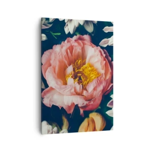 Bild auf Leinwand - Leinwandbild - Blumenarrangement mit Pfingstrosen und Chrysanthemen auf dunklem Hintergrund - 70x100cm - Mit barocker Pracht - Moderne Wanddekoration für Wohnzimmer und Schlafzimmer ARTTOR