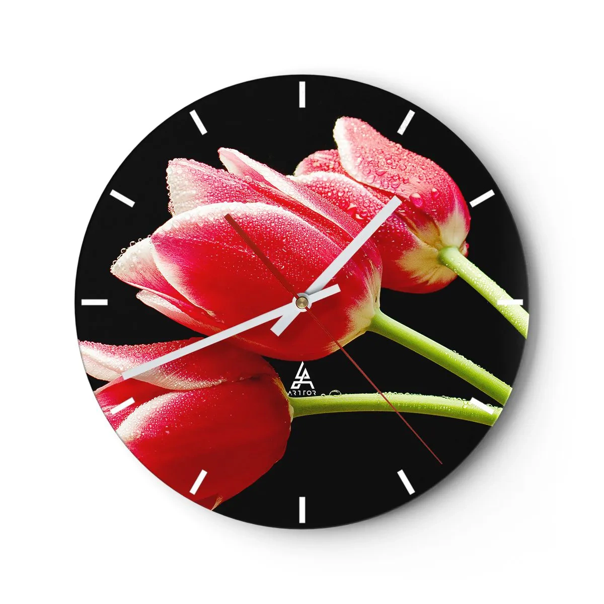 Wanduhr - Glasuhr - Rote Tulpen mit Wassertropfen auf schwarzem Hintergrund - 30x30cm - Ein Versprechen der reinen Liebe - Moderne Wanddekoration für Wohnzimmer, Küche und Schlafzimmer ARTTOR