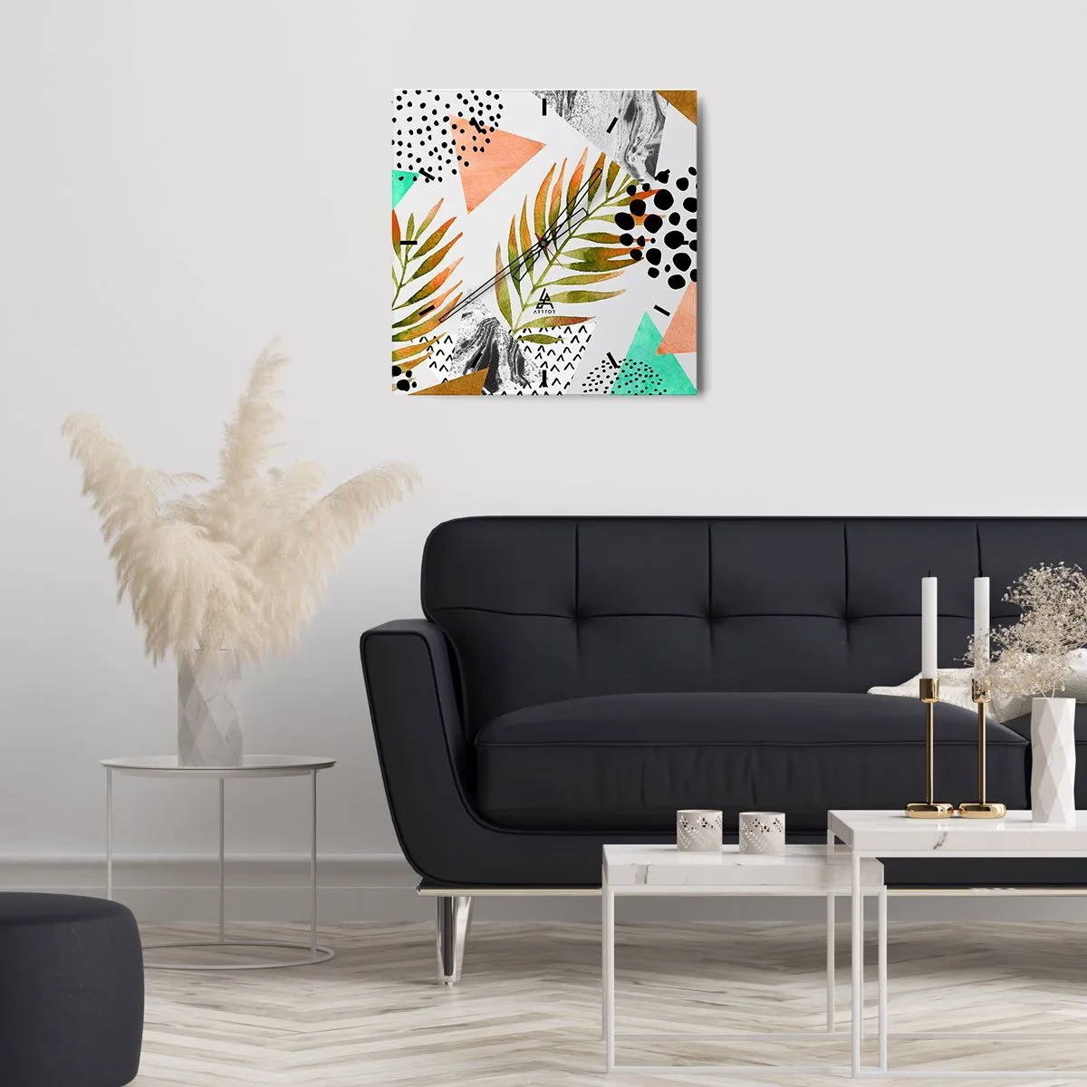 Wanduhr - Glasuhr - Tropisches Muster mit Blättern und geometrischen Formen - 30x30cm - Dekoration mit Palmblatt - Moderne Wanddekoration für Wohnzimmer und Schlafzimmer ARTTOR
