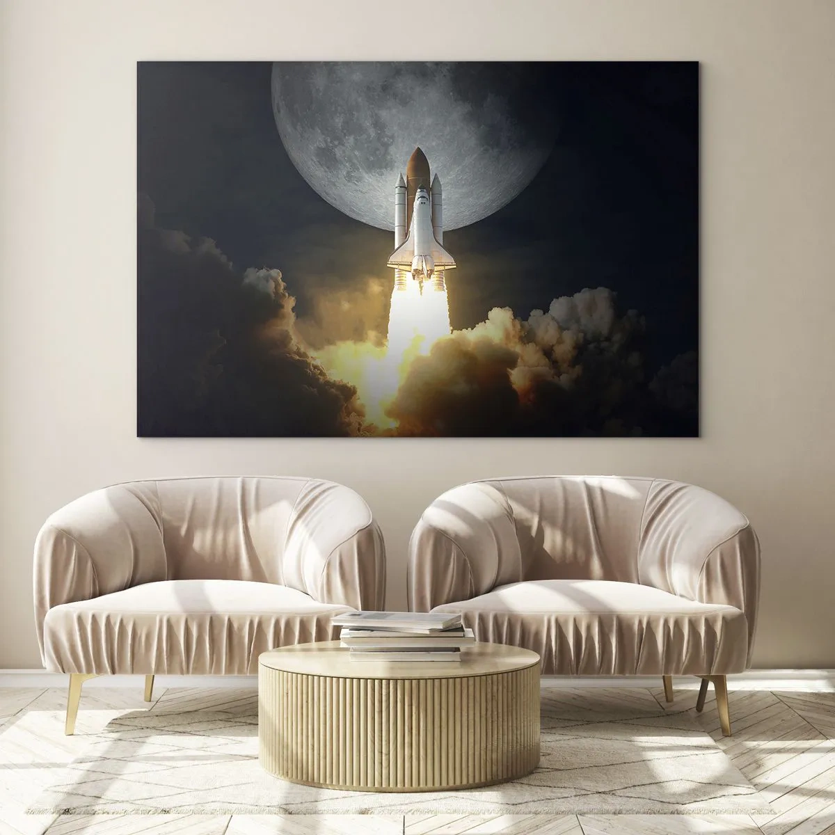 Glasbild - Bild auf glas - Der Start einer Weltraumrakete vor dem Hintergrund des Mondes und des Nachthimmels. - 70x50cm - Beginn eines überirdischen Abenteuers - Moderne Wanddekoration für Wohnzimmer und Schlafzimmer ARTTOR