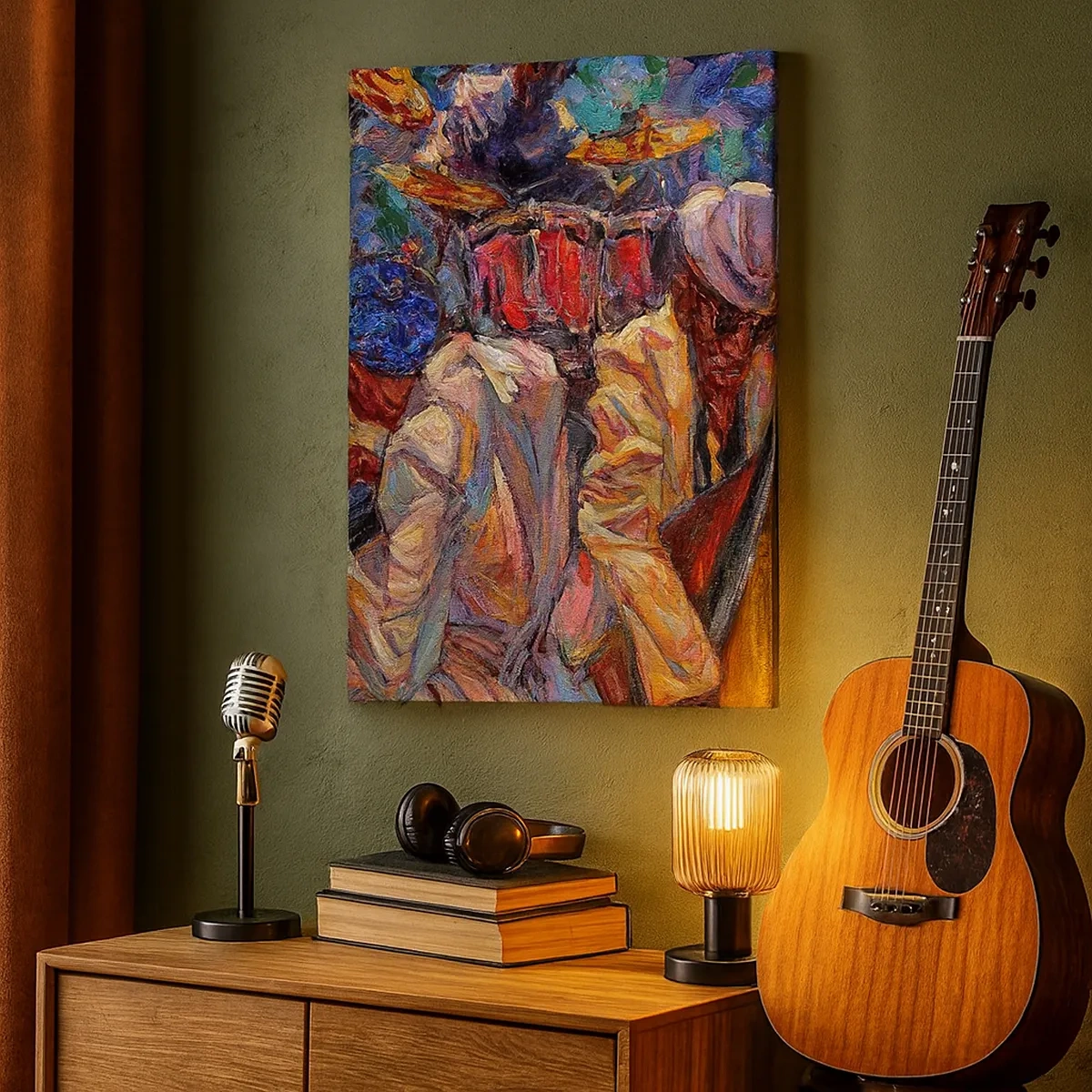 Bild auf Leinwand - Leinwandbild - Energetische Jazzszene mit Musikern und Instrumenten - 50x70cm - In einem Schlag - Moderne Wanddekoration für Wohnzimmer und Schlafzimmer ARTTOR