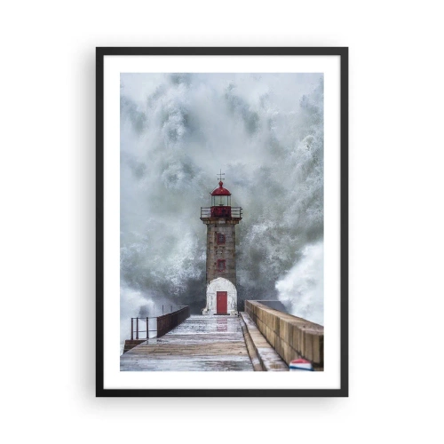 Poster in einem schwarzem Rahmen - Ein Leuchtturm, der während eines Sturms von starken Wellen umgeben ist - 50x70cm - Das Rauschen des Wassers, der Lärm wird wehen - Moderne Wanddekoration für Wohnzimmer und Schlafzimmer ARTTOR