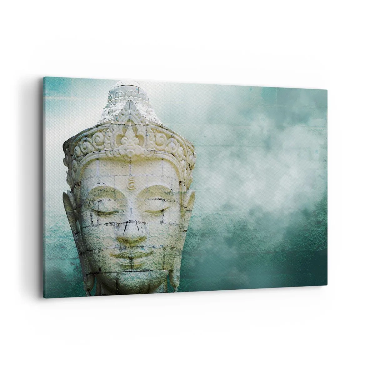 Bild auf Leinwand - Leinwandbild - Buddha-Statue mit sanftem Nebel vor grünem Hintergrund - 100x70cm - Auf der Suche nach dem Licht - Moderne Wanddekoration für Wohnzimmer und Schlafzimmer ARTTOR