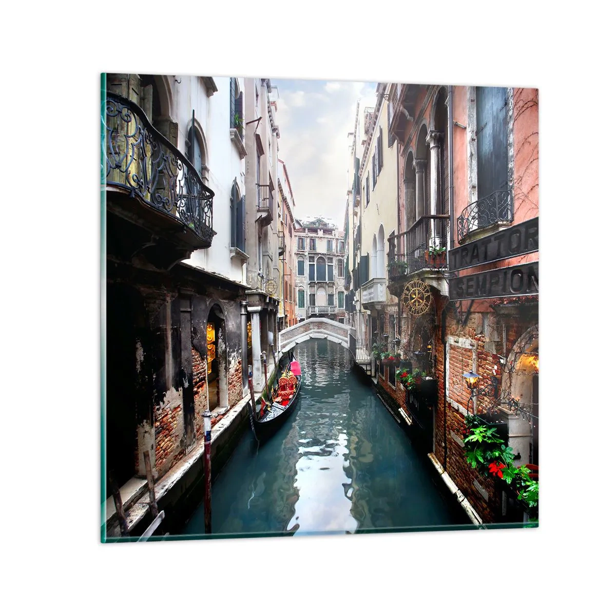 Glasbild - Bild auf glas - Venezianische Landschaft mit Gondel und Brücke - 70x70 cm