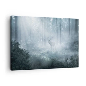 Bild auf Leinwand - Leinwandbild - Ein Hirsch in einem dichten Wald, eingehüllt in Morgennebel - 70x50cm - Morgenvisite auf dem Grundstück - Moderne Wanddekoration für Wohnzimmer und Schlafzimmer ARTTOR
