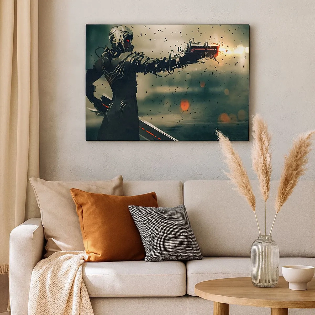 Bild auf Leinwand - Leinwandbild - Kybernetischer Krieger mit futuristischen Waffen - 70x50cm - Tödliche Waffe - Dein ganz eigener Terminator - Moderne Wanddekoration für Wohnzimmer und Schlafzimmer ARTTOR