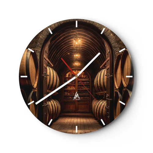 Wanduhr - Glasuhr - Holzfässer in einem beleuchteten Weinkeller - 30x30cm - Stimmungsvoller Keller - Moderne Wanddekoration für Wohnzimmer, Küche und Schlafzimmer ARTTOR