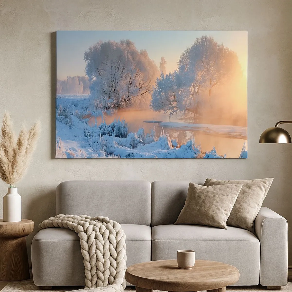 Bild auf Leinwand - Leinwandbild - Winterlandschaft mit schneebedeckten Bäumen und einem Sonnenuntergang - 70x50cm - Alles im Kristall glänzt in der Sonne - Moderne Wanddekoration für Wohnzimmer und Schlafzimmer ARTTOR