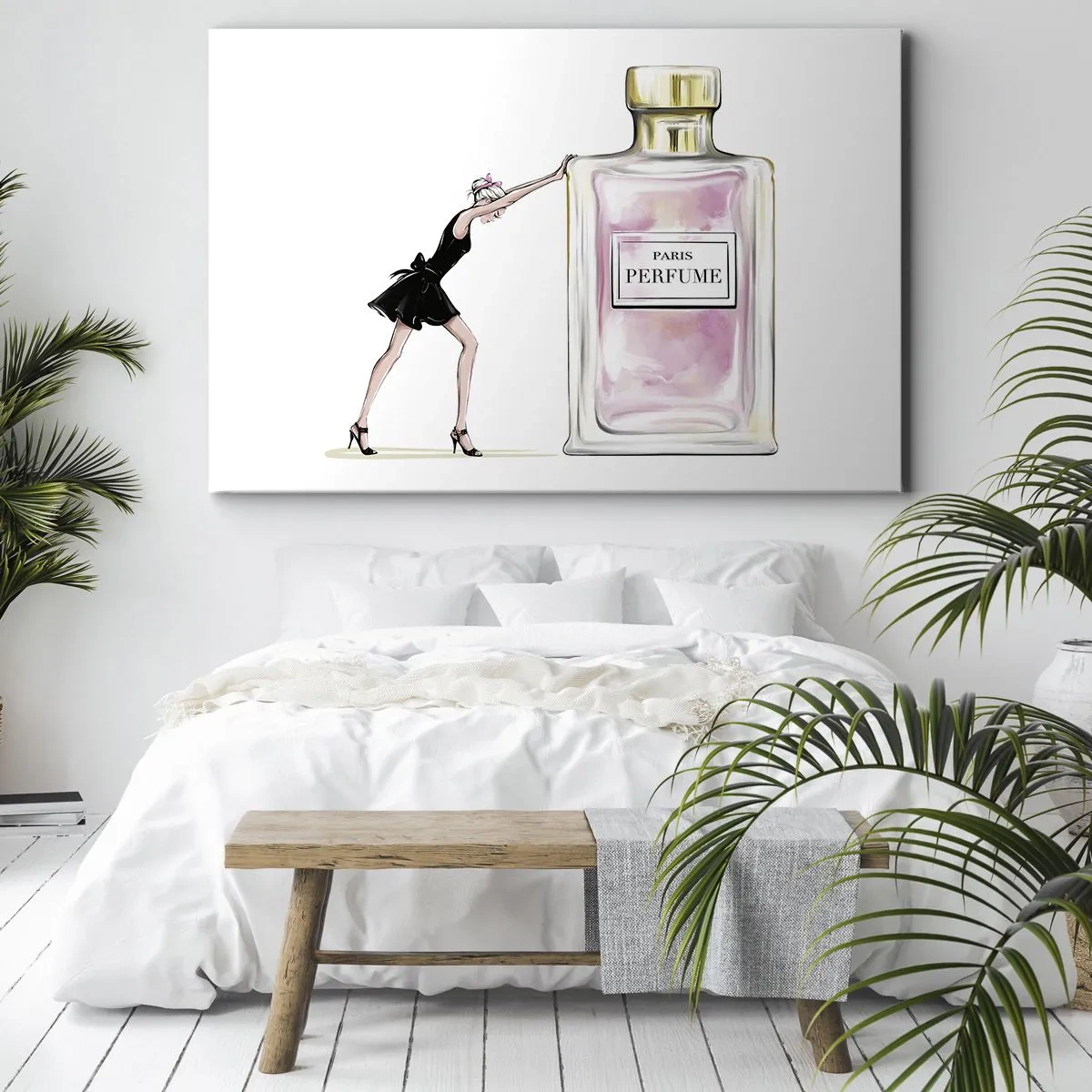 Bild auf Leinwand - Leinwandbild - Eine Frau in einem schwarzen Kleid neben einer Parfümflasche - 70x50cm - Essenz der Weiblichkeit - Moderne Wanddekoration für Wohnzimmer und Schlafzimmer ARTTOR