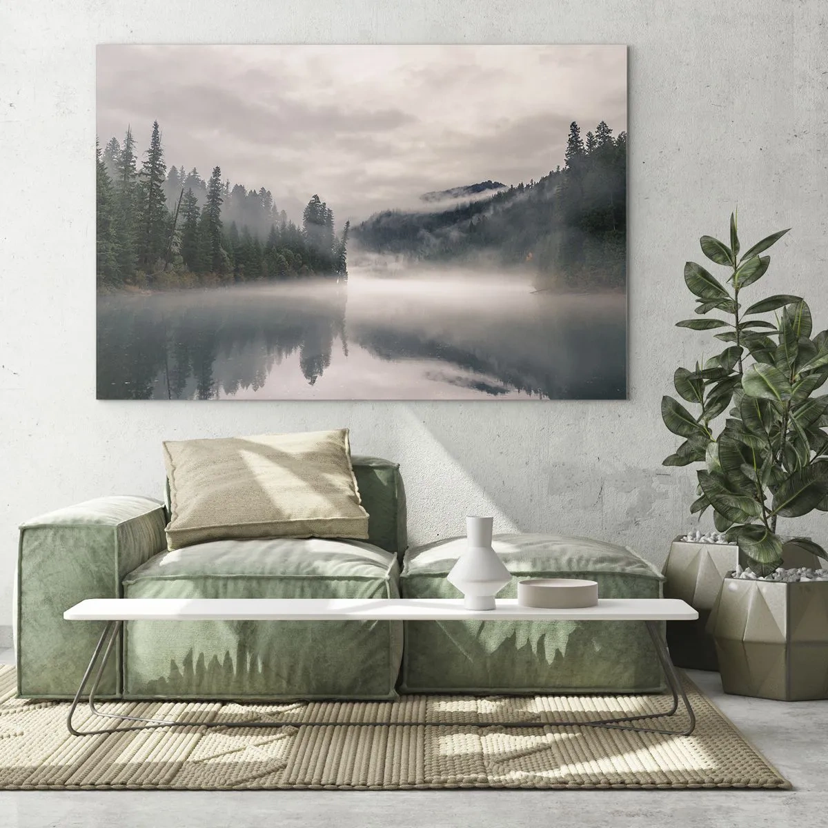 Glasbild - Bild auf glas - Morgendlicher Blick auf einen See im Wald, in Nebel gehüllt - 100x70cm - In Reflexion, im Nebel - Moderne Wanddekoration für Wohnzimmer und Schlafzimmer ARTTOR