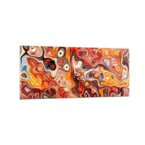 Glasbild - Bild auf glas - Eine abstrakte Komposition in warmen Rot-, Orange- und Gelbtönen. - 120x50cm - Wenn die Nüsse in Honig geschmolzen sind - Moderne Wanddekoration für Wohnzimmer und Schlafzimmer ARTTOR