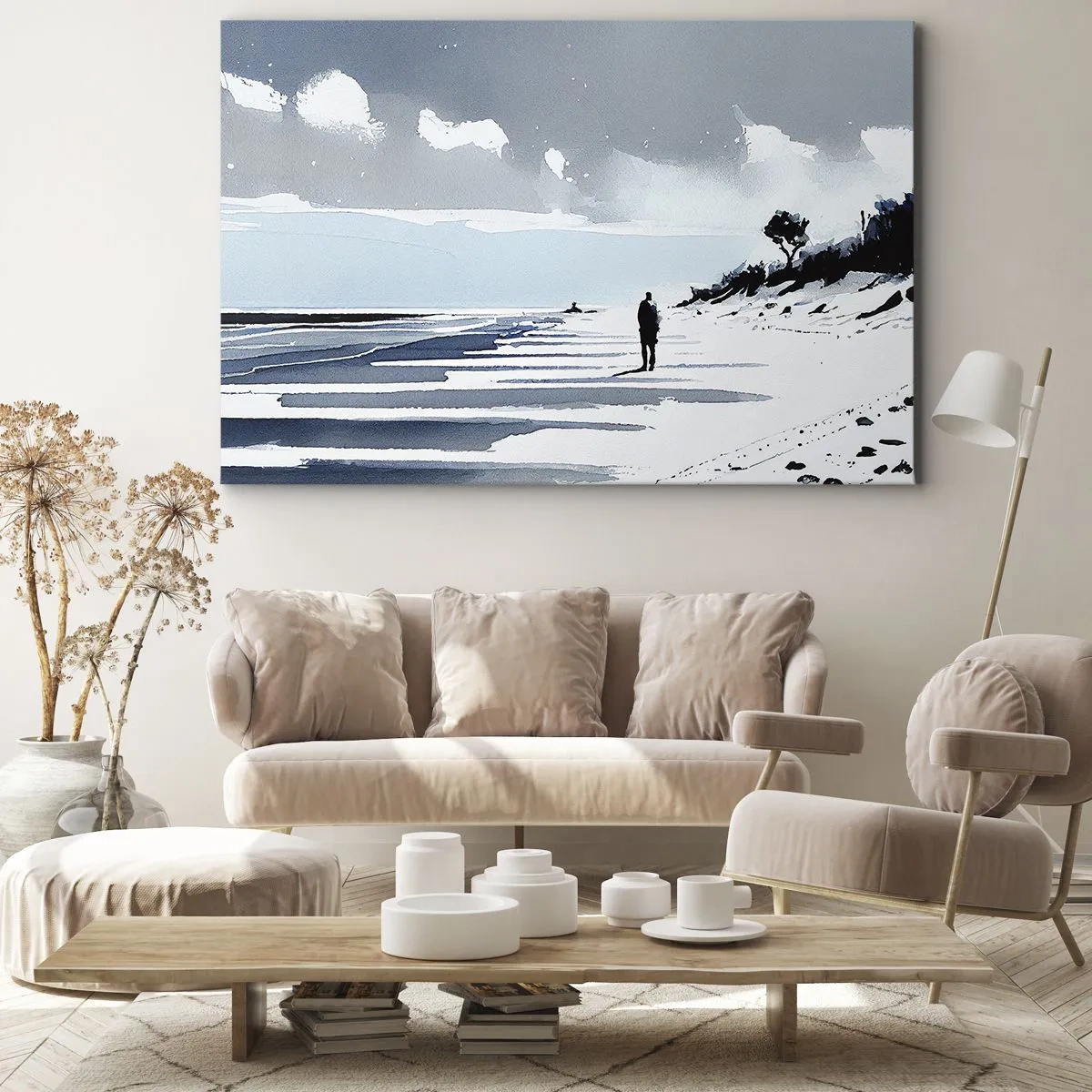 Bild auf Leinwand - Leinwandbild - Eine einsame Gestalt, die an einem leeren Strand entlanggeht - 70x50cm - Allein sein - Moderne Wanddekoration für Wohnzimmer und Schlafzimmer ARTTOR