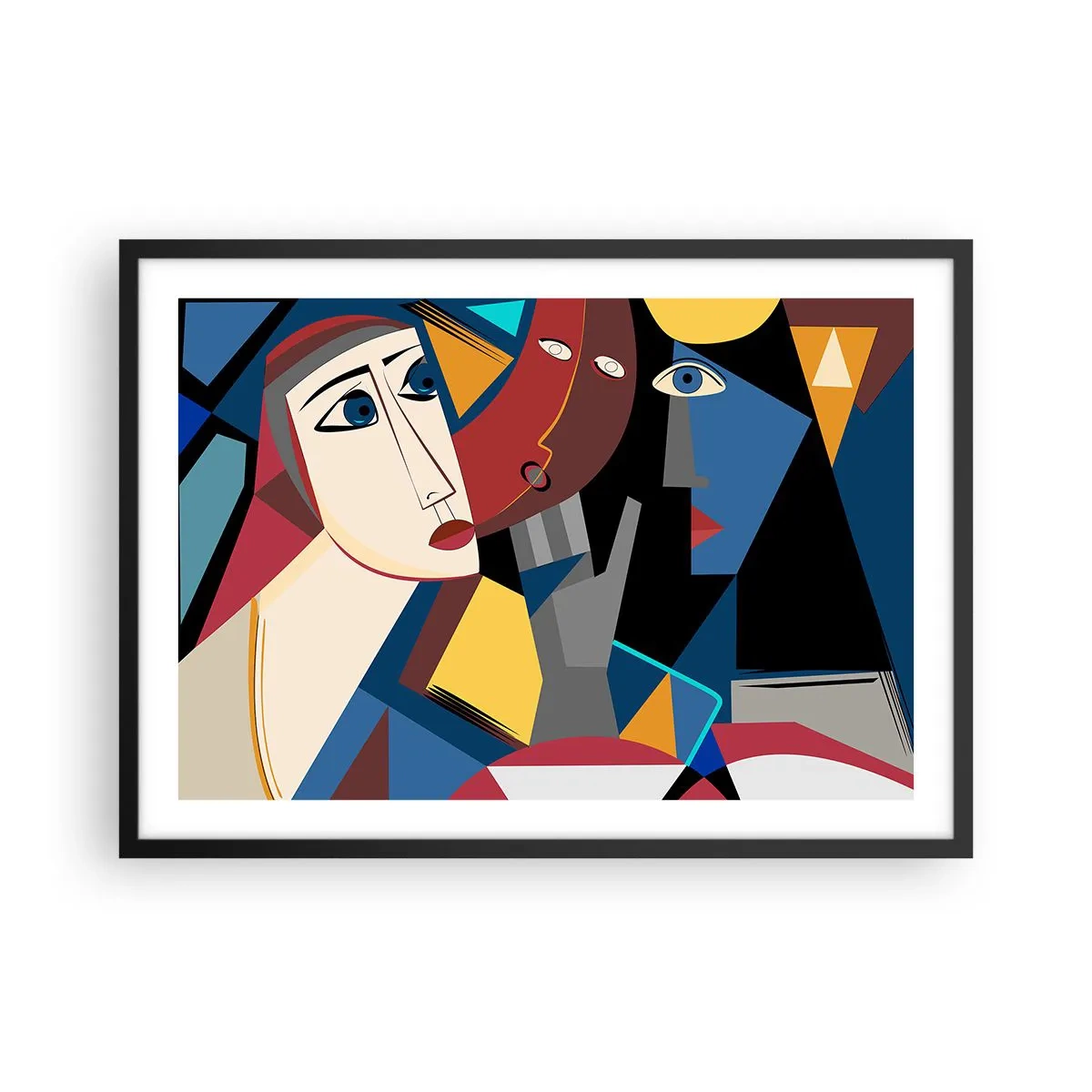 Poster in einem schwarzem Rahmen - Kubistische Gesichter in intensiven Farben - 70x50cm - Gespräch zwischen Kubisten - Moderne Wanddekoration für Wohnzimmer und Schlafzimmer ARTTOR