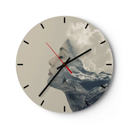 Wanduhr - Glasuhr - Das Gesicht einer Frau, verwoben mit einer Berglandschaft - 30x30cm - Die Schönheit der Elemente der Natur - Moderne Wanddekoration für Wohnzimmer, Küche und Schlafzimmer ARTTOR