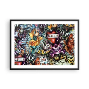 Poster in einem schwarzem Rahmen - Farbenfrohe Kunstwerke im Tattoo-Stil mit Totenköpfen und nautischen Motiven - 70x50cm - Der Traum des Tätowierers - Moderne Wanddekoration für Wohnzimmer und Schlafzimmer ARTTOR