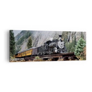 Bild auf Leinwand - Leinwandbild - Eine Dampflokomotive auf einer Brücke in einer malerischen Berglandschaft - 140x50cm - Wo willst du hin? Wohin? - Moderne Wanddekoration für Wohnzimmer und Schlafzimmer ARTTOR
