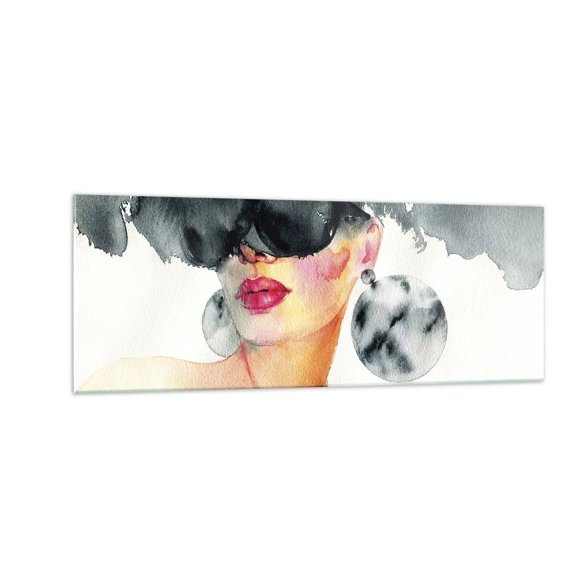Glasbild - Bild auf glas - Eine Frau mit stylischer Brille und großen Ohrringen - 140x50cm - Das Geheimnis der Eleganz - Moderne Wanddekoration für Wohnzimmer und Schlafzimmer ARTTOR