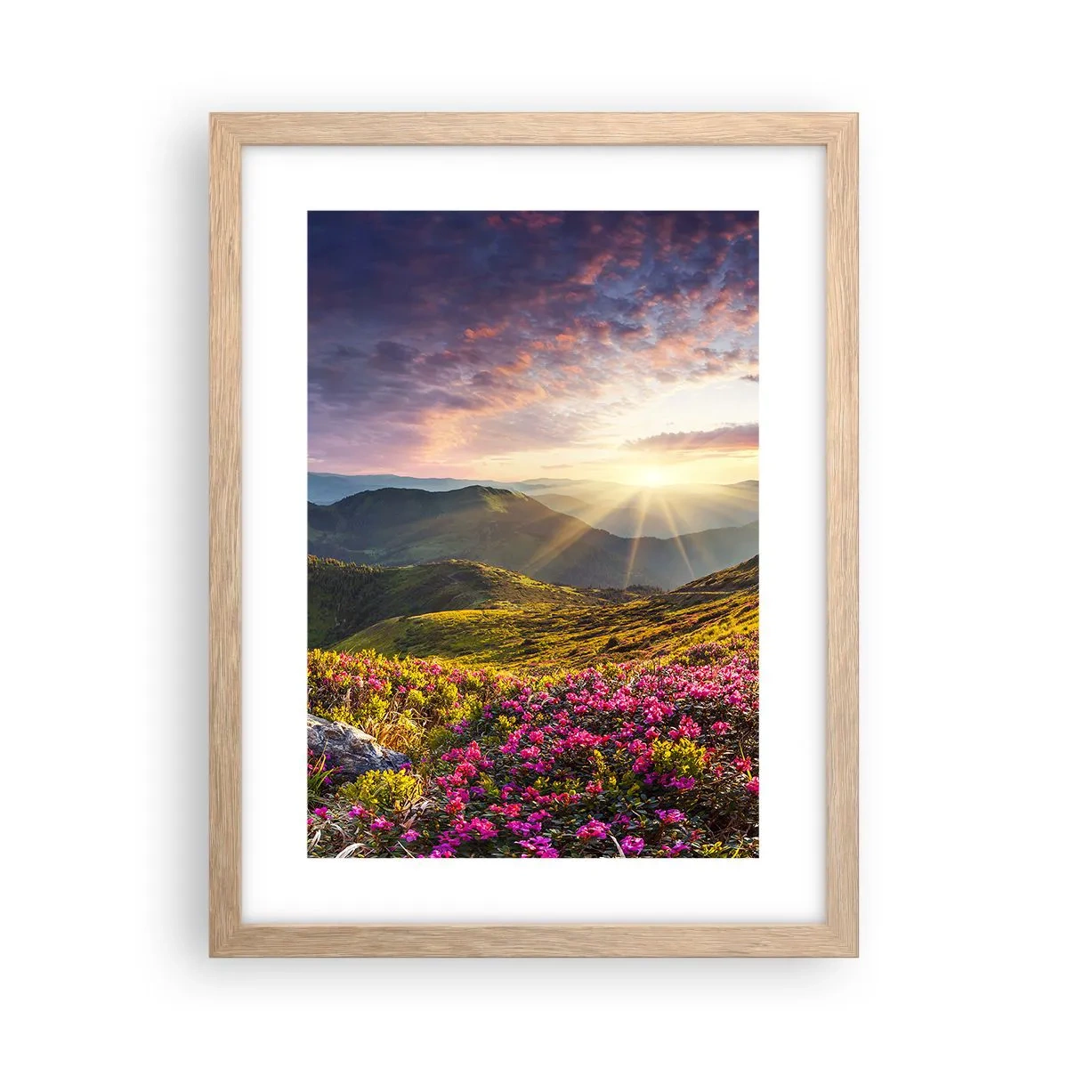 Poster in einem Rahmen aus heller Eiche - Frische am Bergmorgen - 30x40 cm