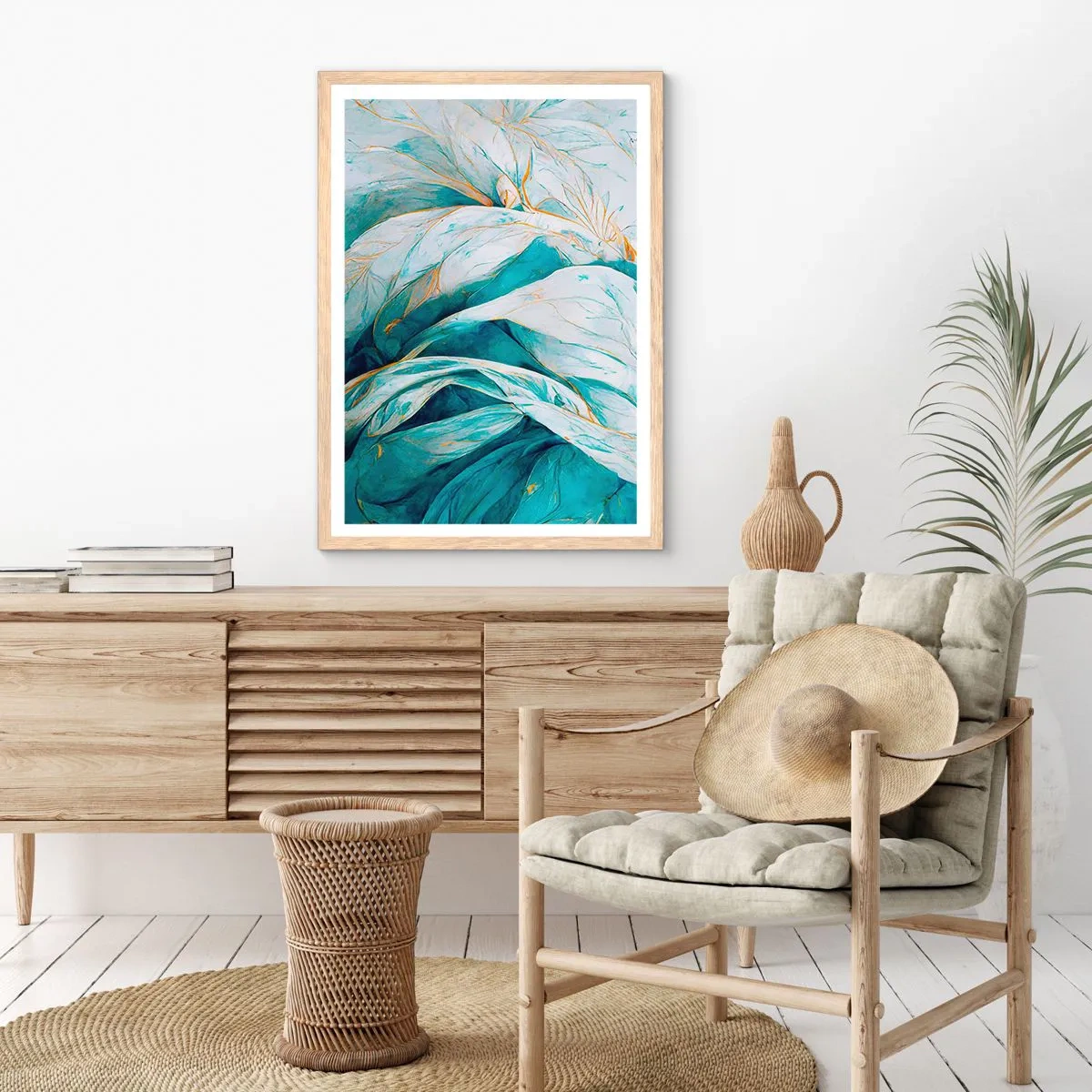 Poster in einem Rahmen aus heller Eiche - Blaue Abstraktion mit goldenem Motiv - 30x40 cm