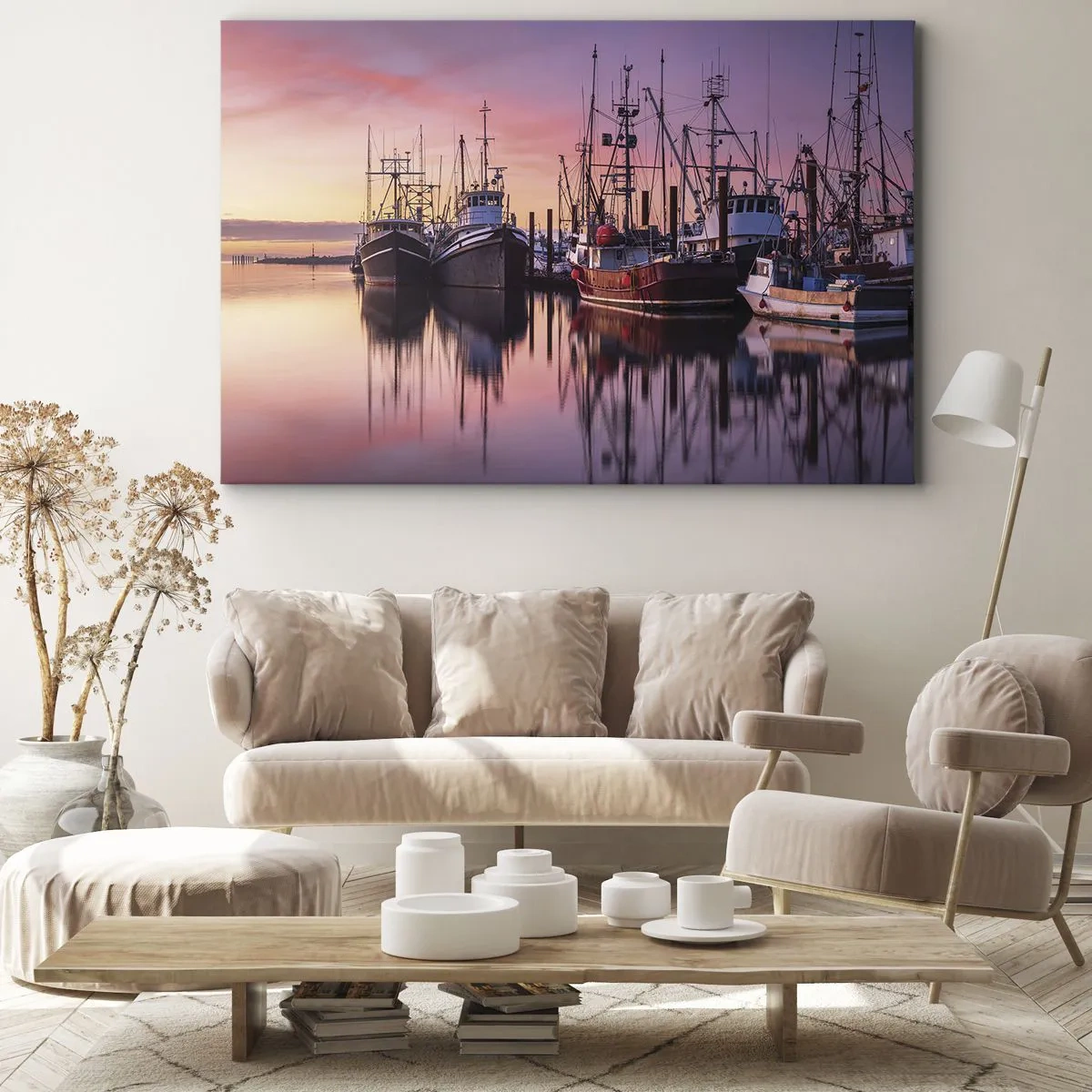 Bild auf Leinwand - Leinwandbild - Fischerboote im Hafen bei Sonnenuntergang - 70x50cm - Vor dem nächsten Tag - Moderne Wanddekoration für Wohnzimmer und Schlafzimmer ARTTOR