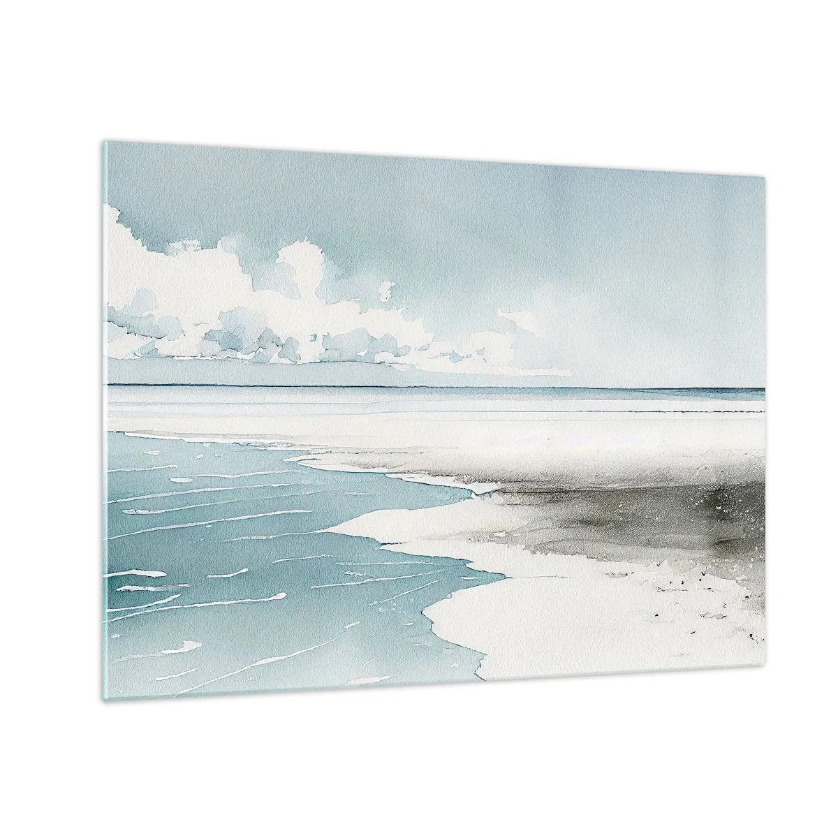 Glasbild - Bild auf glas - Eine ruhige Meereslandschaft im Aquarellstil in Blautönen. - 70x50cm - Sanfte Flut - Moderne Wanddekoration für Wohnzimmer und Schlafzimmer ARTTOR