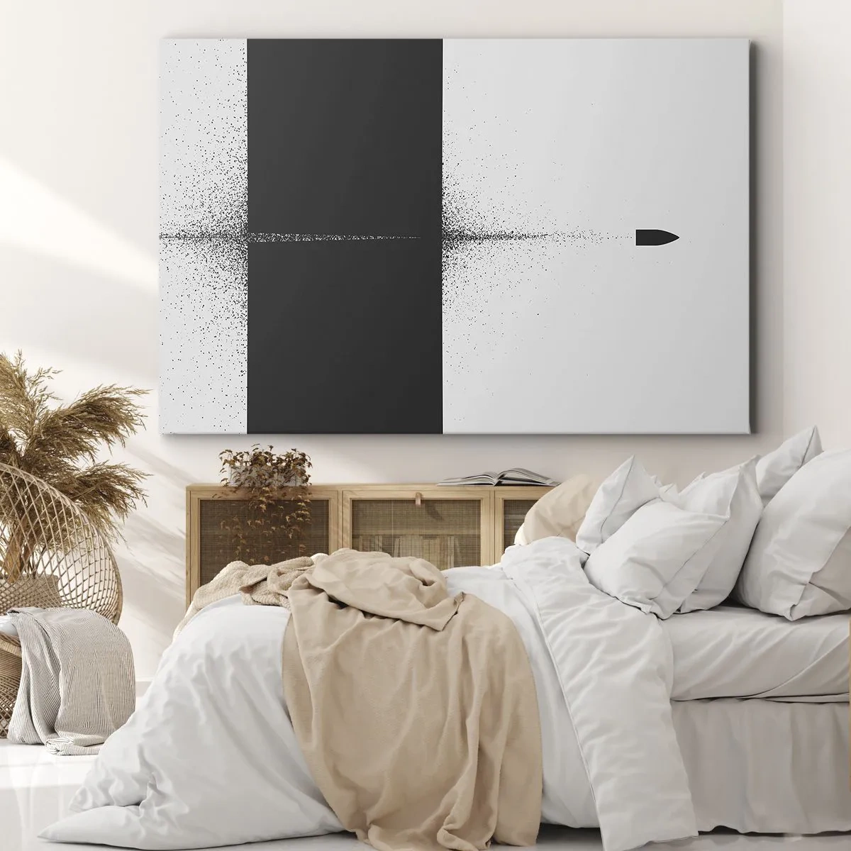 Bild auf Leinwand - Leinwandbild - Ein symbolisches Projektil im minimalistischen, abstrakten Stil. - 70x50cm - Direkt zum Ziel - Moderne Wanddekoration für Wohnzimmer und Schlafzimmer ARTTOR