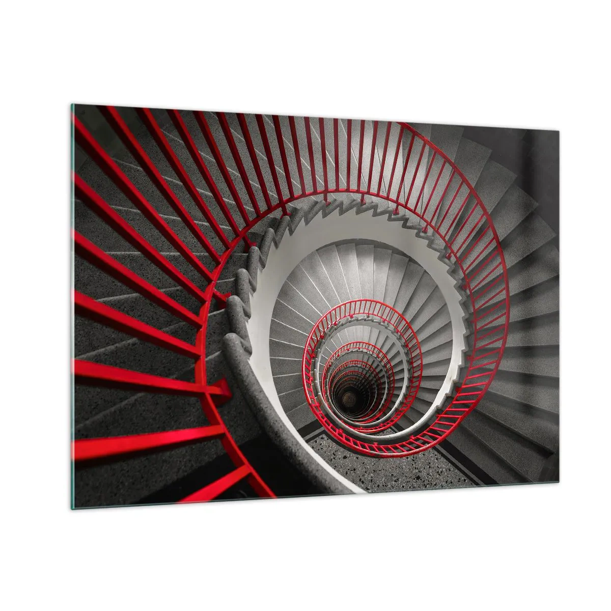 Glasbild - Bild auf glas - Wendeltreppe mit roten Handläufen in der Perspektive - 100x70cm - Architekturspaß - Moderne Wanddekoration für Wohnzimmer und Schlafzimmer ARTTOR