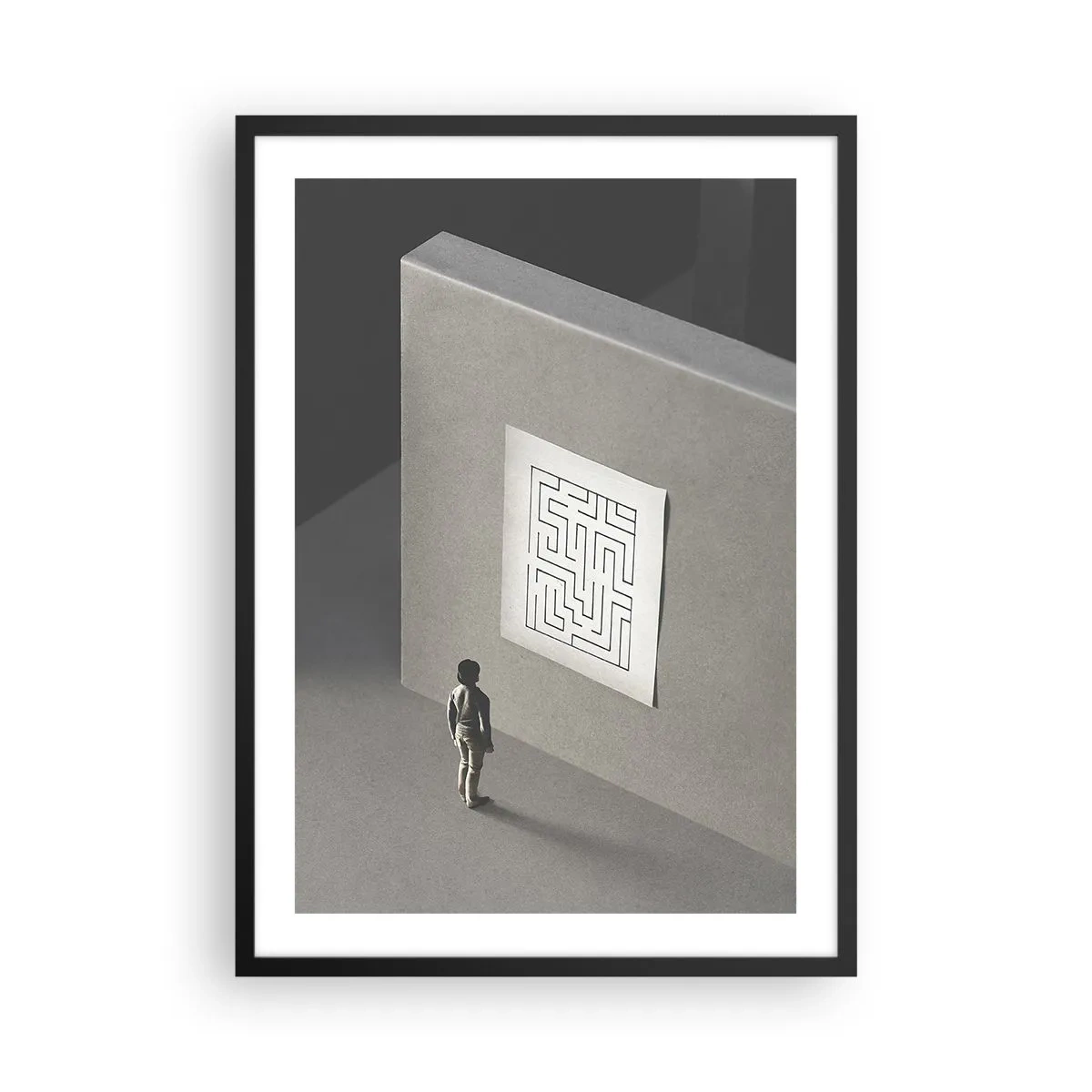 Poster in einem schwarzem Rahmen - Eine Figur vor einem minimalistischen Labyrinth - 50x70cm - Aber wo bin ich? - Moderne Wanddekoration für Wohnzimmer und Schlafzimmer ARTTOR