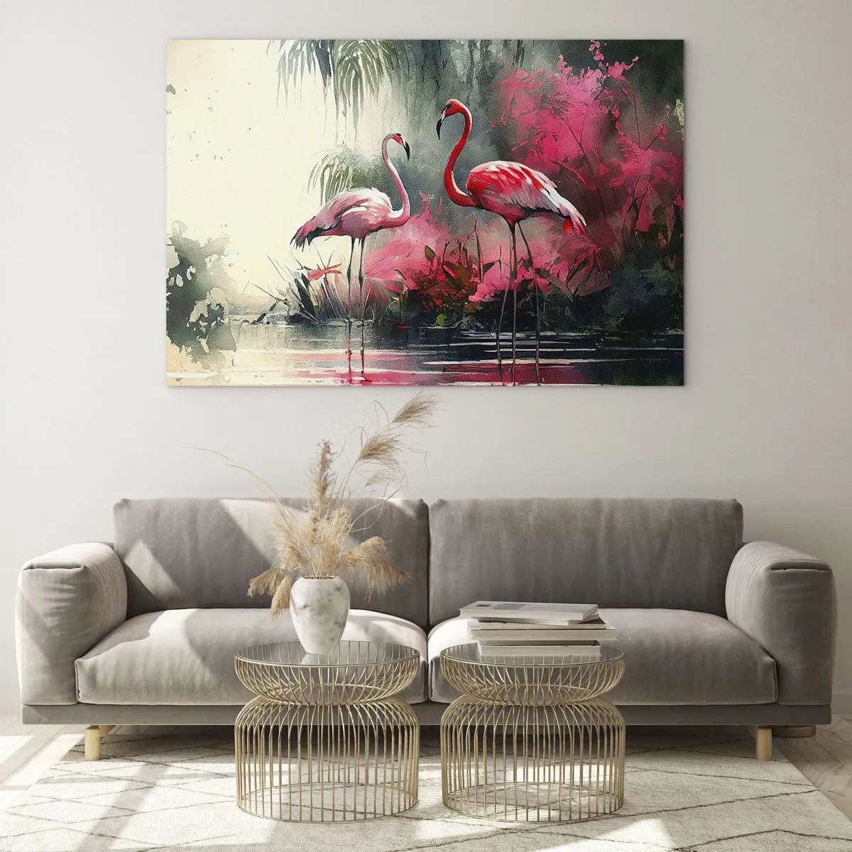 Glasbild - Bild auf glas - Zwei Flamingos in tropischer Umgebung am Wasser - 70x50cm - Lektion in natürlicher Anmut - Moderne Wanddekoration für Wohnzimmer und Schlafzimmer ARTTOR