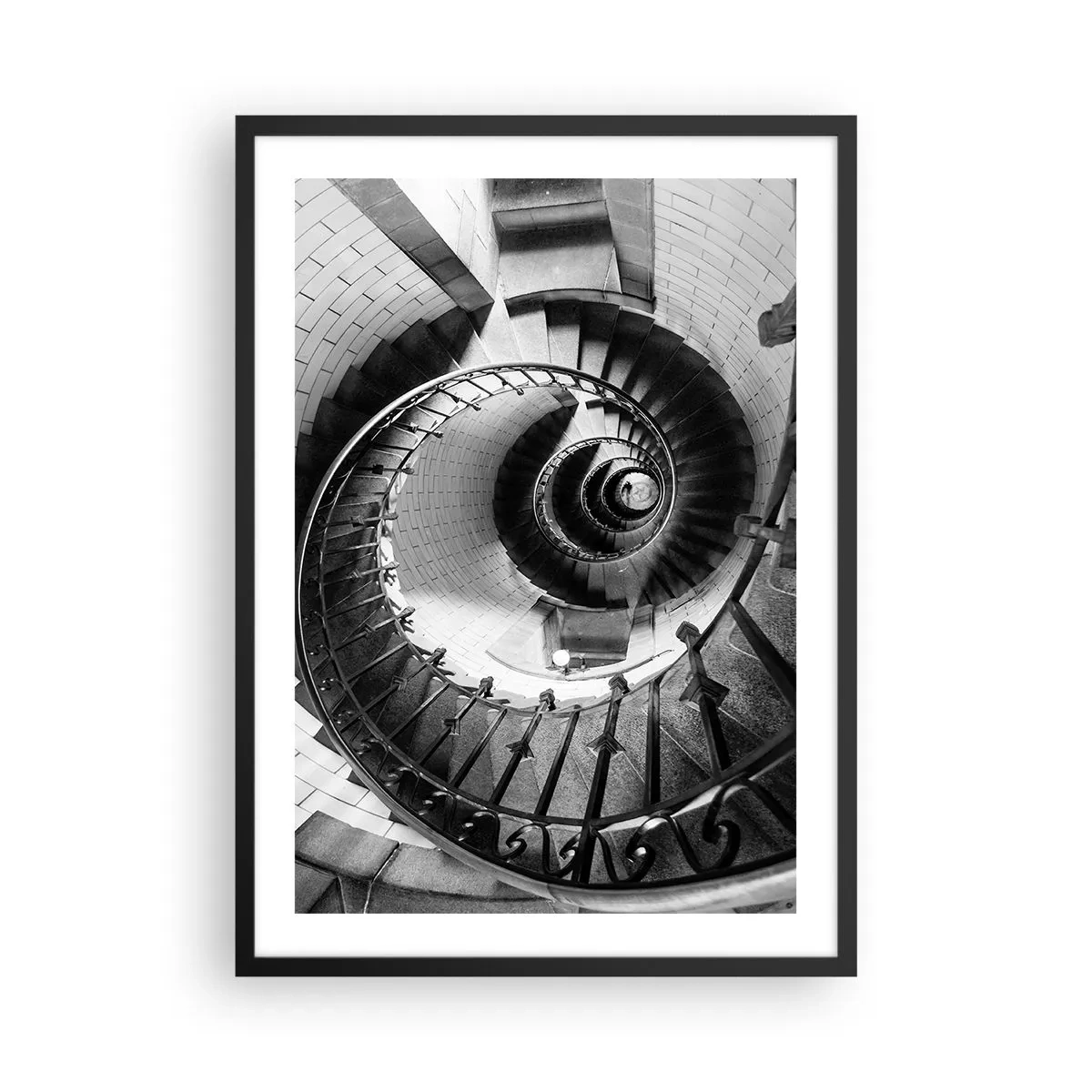 Poster in einem schwarzem Rahmen - Wendeltreppe in Schwarz-Weiß-Perspektive - 50x70cm - Höher und höher - Moderne Wanddekoration für Wohnzimmer und Schlafzimmer ARTTOR
