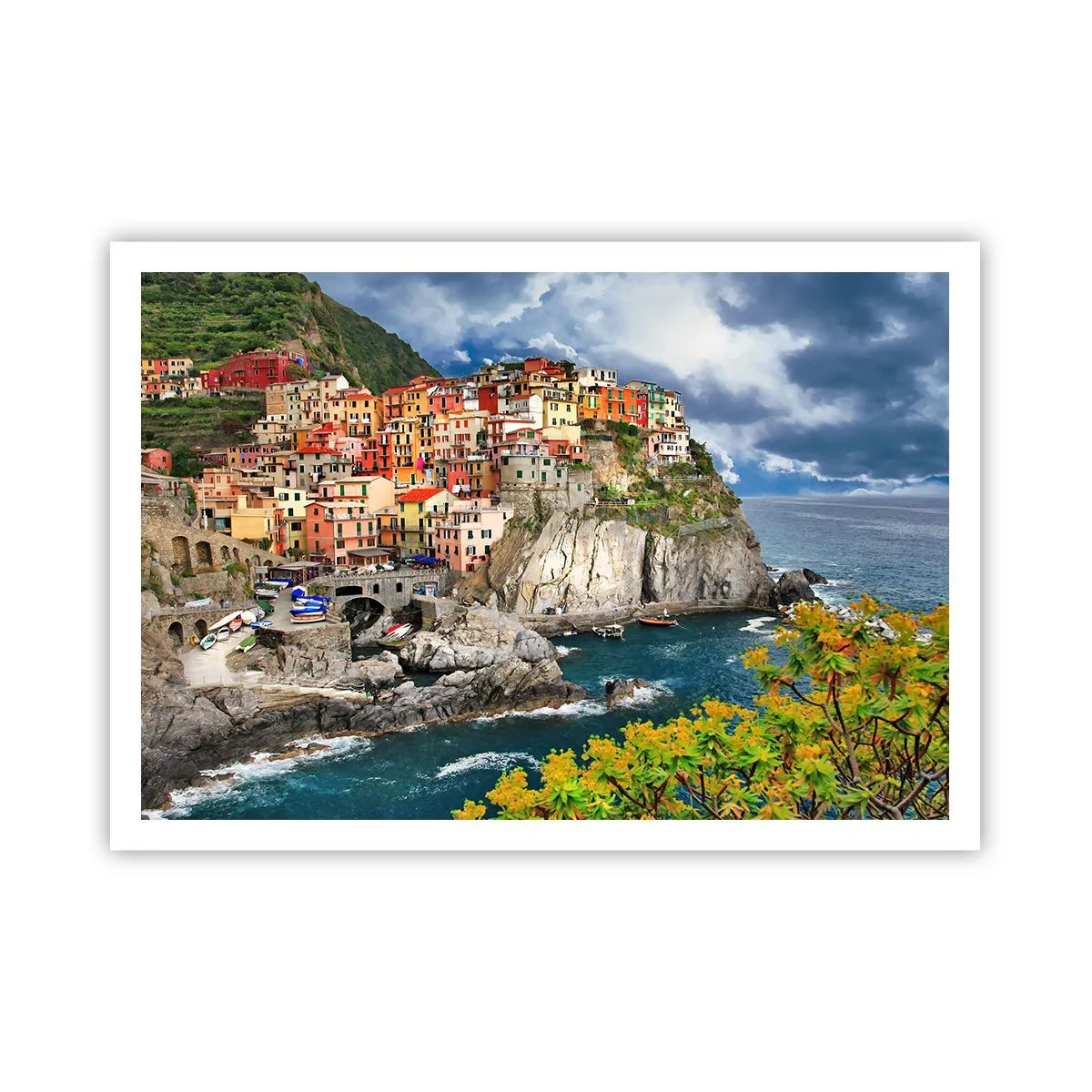 Poster - Bunte Häuser auf einer Klippe mit Blick auf das Meer in Cinque Terre - 100x70cm - Eine Gruppe umarmt die Felsen - Moderne Wanddekoration für Wohnzimmer und Schlafzimmer ARTTOR