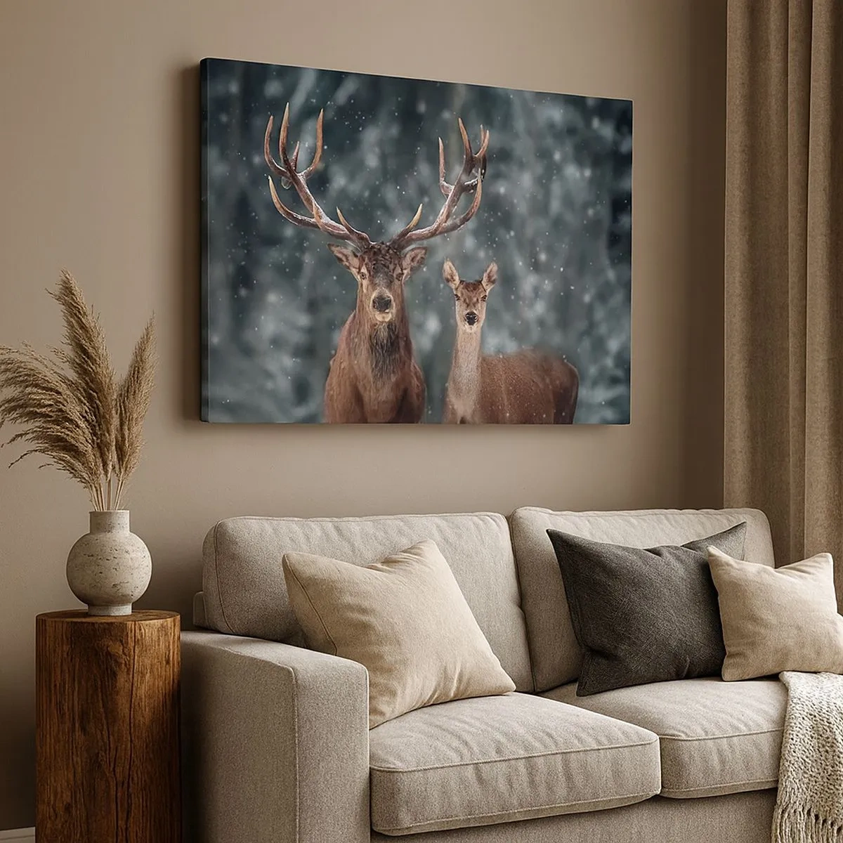 Bild auf Leinwand - Leinwandbild - Hirsche im verschneiten Winterwald - 70x50cm - Herr des Waldes mit seiner Frau - Moderne Wanddekoration für Wohnzimmer und Schlafzimmer ARTTOR
