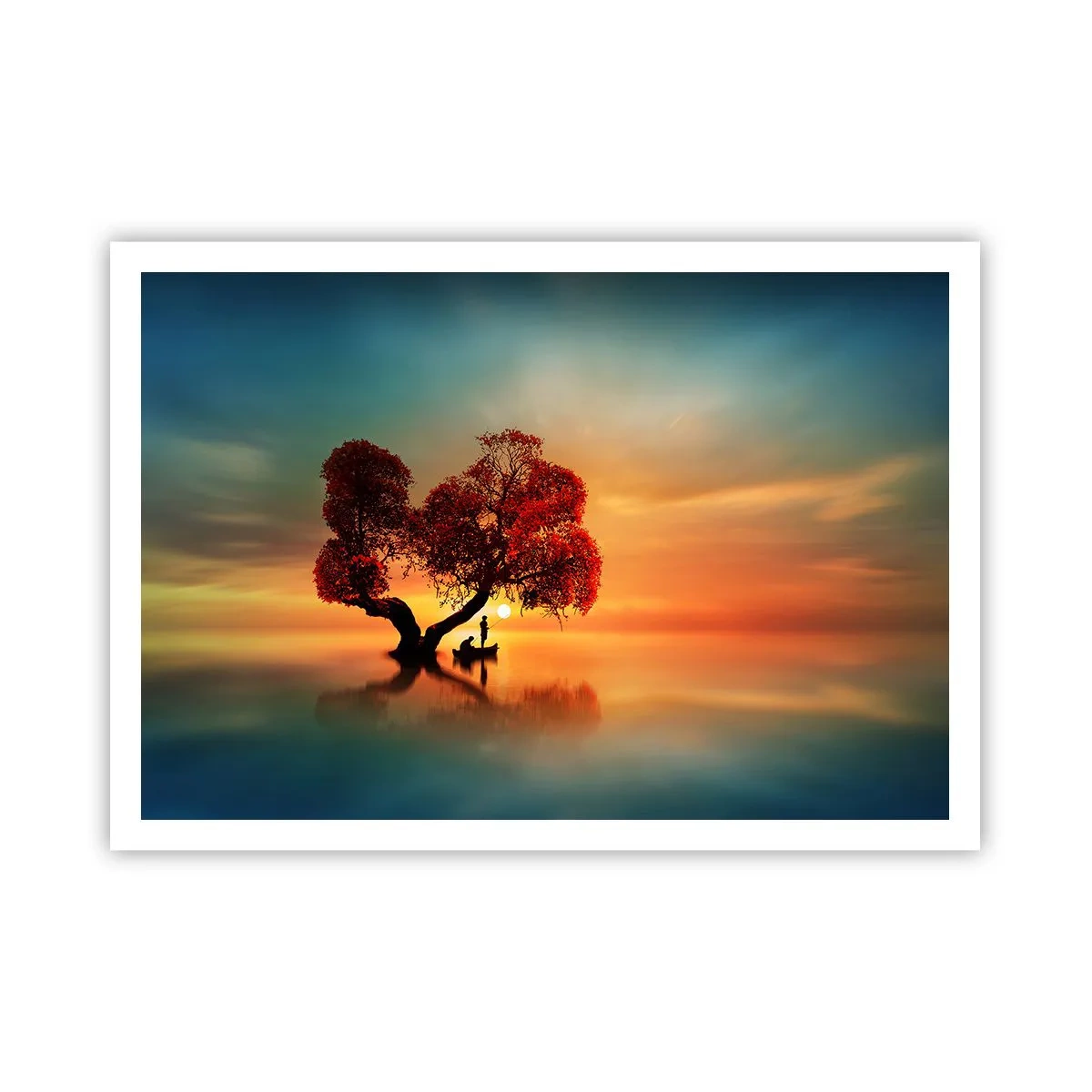 Poster - Ein rotblättriger Baum und ein Boot auf dem Wasser bei Sonnenuntergang - 100x70cm - Oddaysons und die Stille der Weltlosen - Moderne Wanddekoration für Wohnzimmer und Schlafzimmer ARTTOR