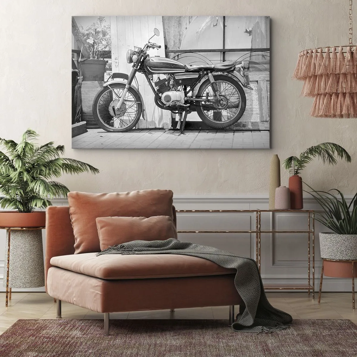 Bild auf Leinwand - Leinwandbild - Schwarz-Weiß-Foto eines klassischen Motorrads - 120x80cm - Klassik über alles - Moderne Wanddekoration für Wohnzimmer und Schlafzimmer ARTTOR